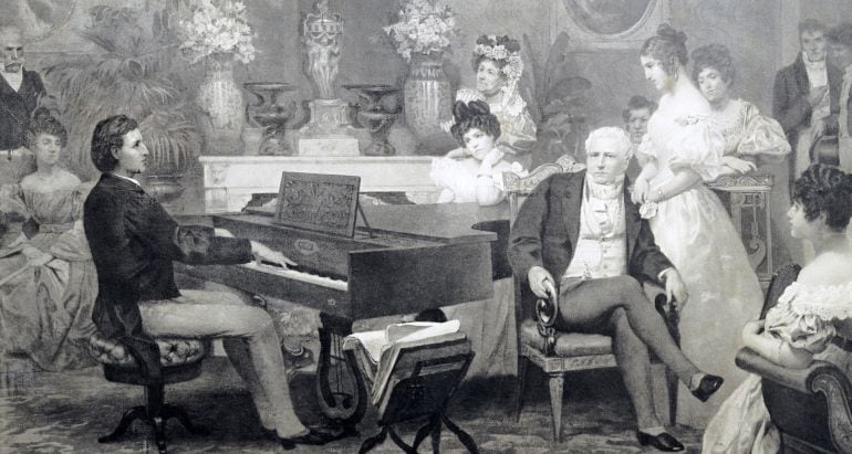 Retrato de Frédéric Chopin tocando el piano frente al príncipe Antoni Radziwill&#039;s en 1829.