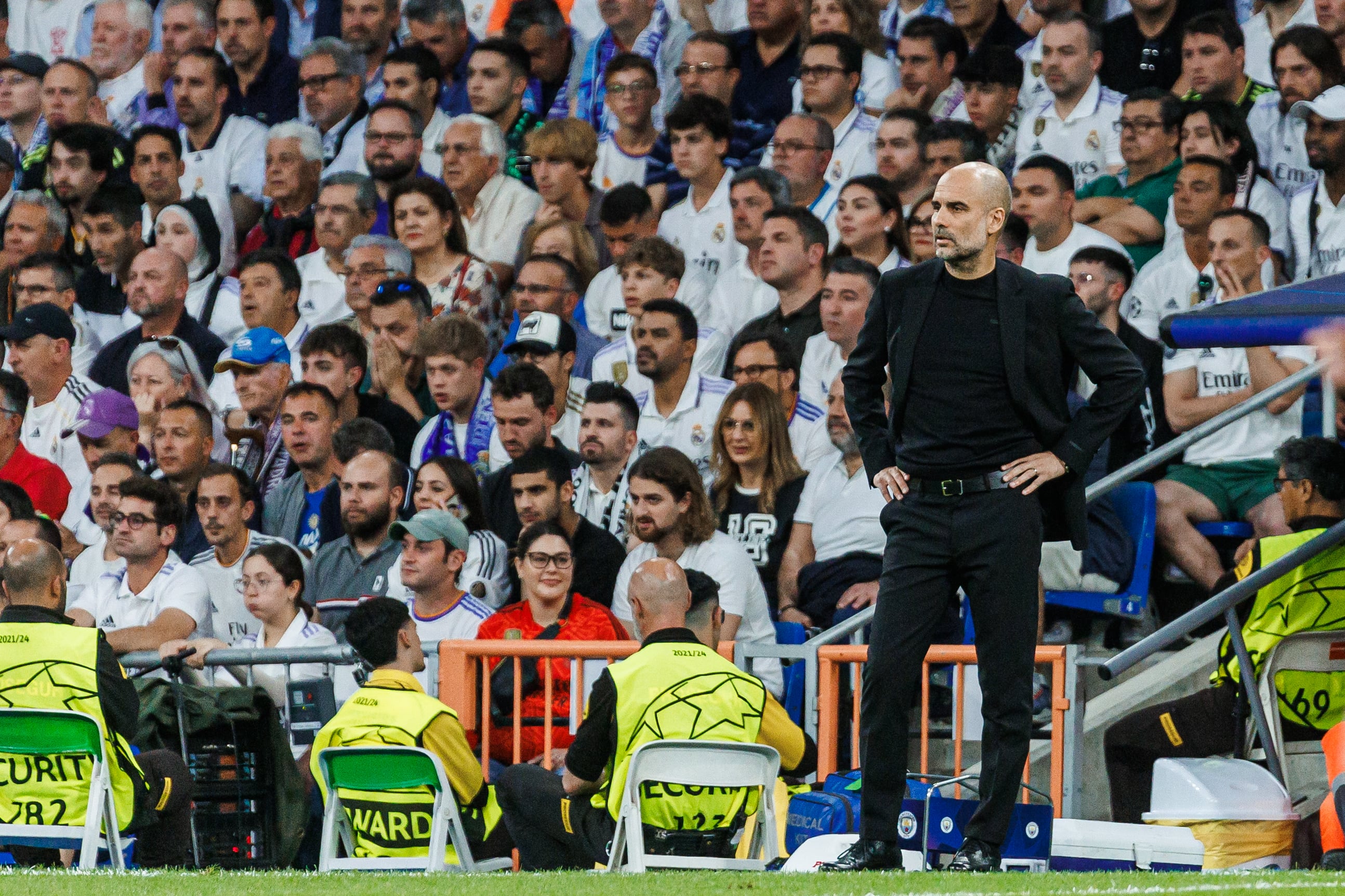 Pep Guardiola, entrenador del Manchester City, en el Santiago Bernabéu