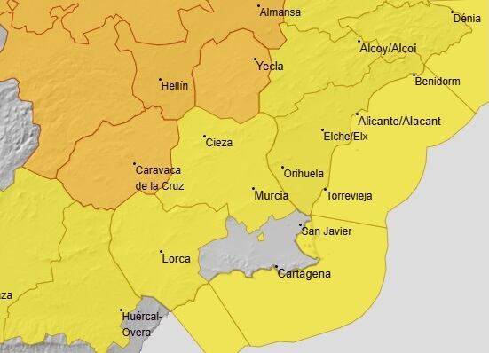 Mapa de la AEMET con el aviso naranja en altiplano y noroeste