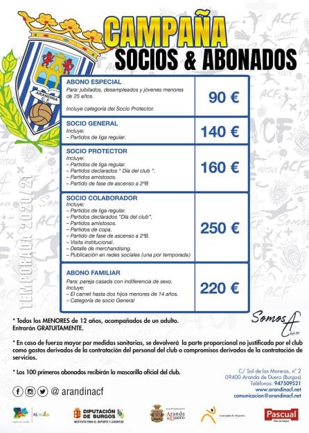 La tabla de precios de los socios y abonados de la Arandina para la temporada 2020-2021.