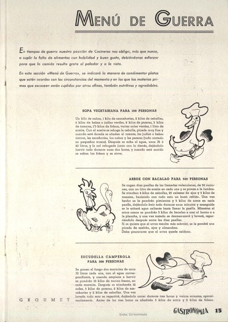 Una propuesta de &quot;menú de guerra&quot; en la revista &#039;Gastronomía&#039;, publicada el 3 de septiembre de 1937 en Barcelona.