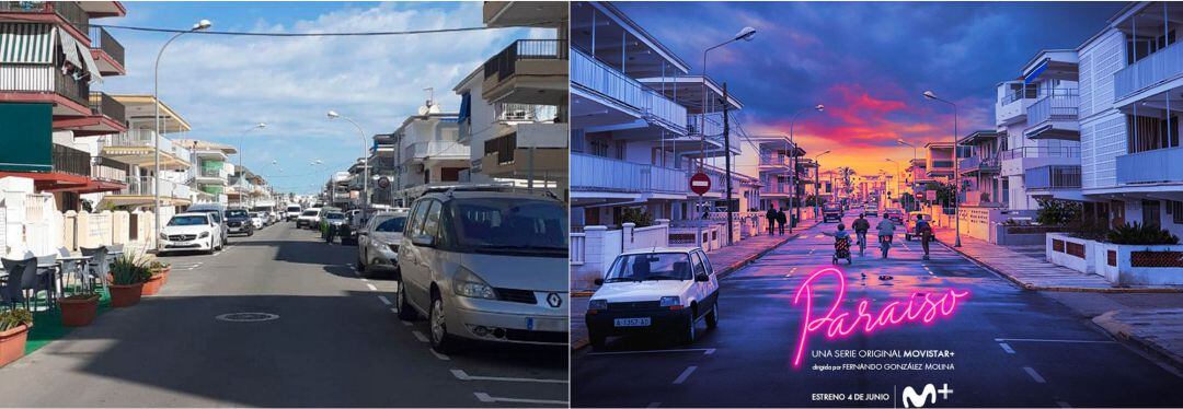 Una calle de Oliva en el cartel de la serie Paraíso 