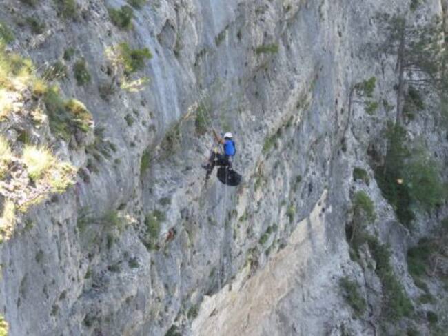 El escalador accede por los cortados hasta donde está el nido para cojer al quebratahuesos y llevarlo a la zona donde se encuentran los veterinarios y tecnicos de la fundación