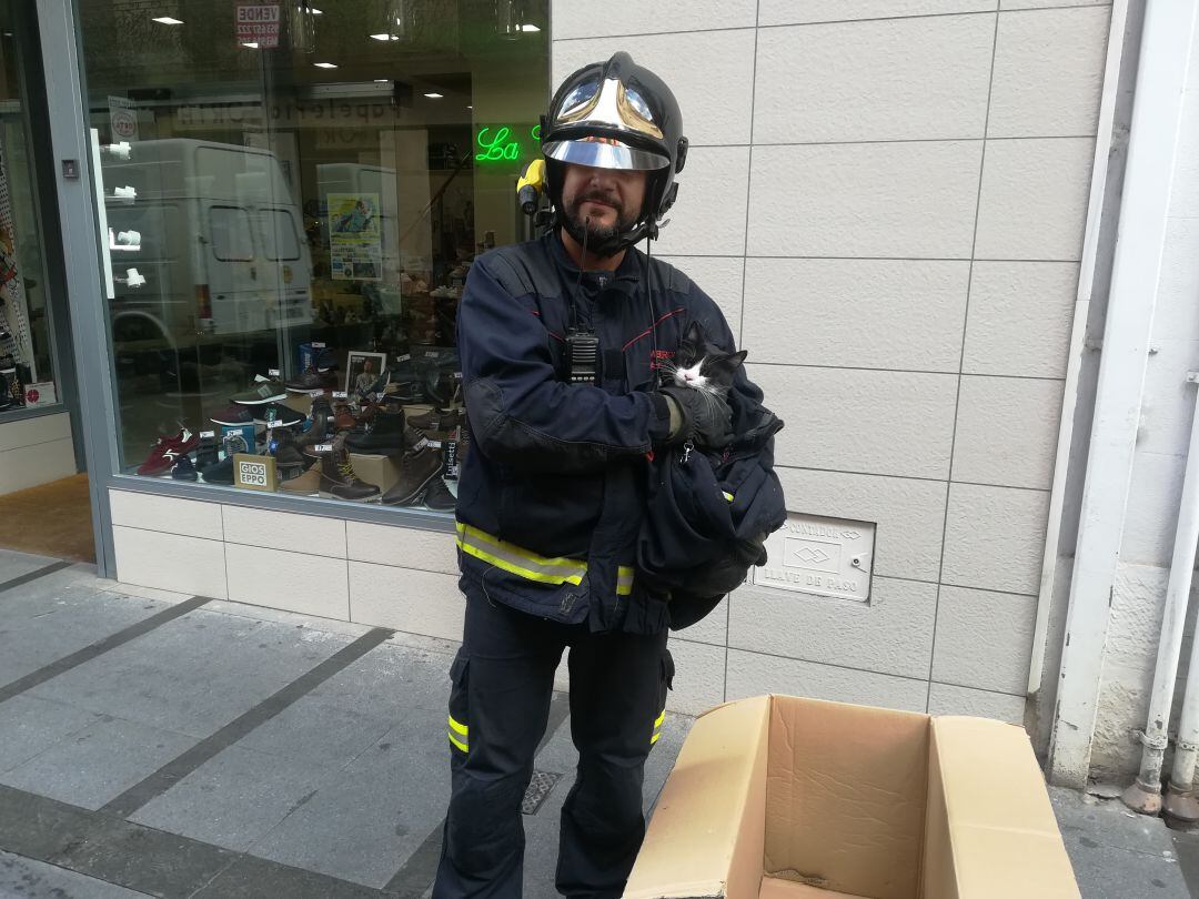 Bombero que rescata a un gato de una tienda.