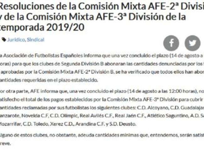 Esta es la información reflejada por la AFE sobre los clubes deudores.