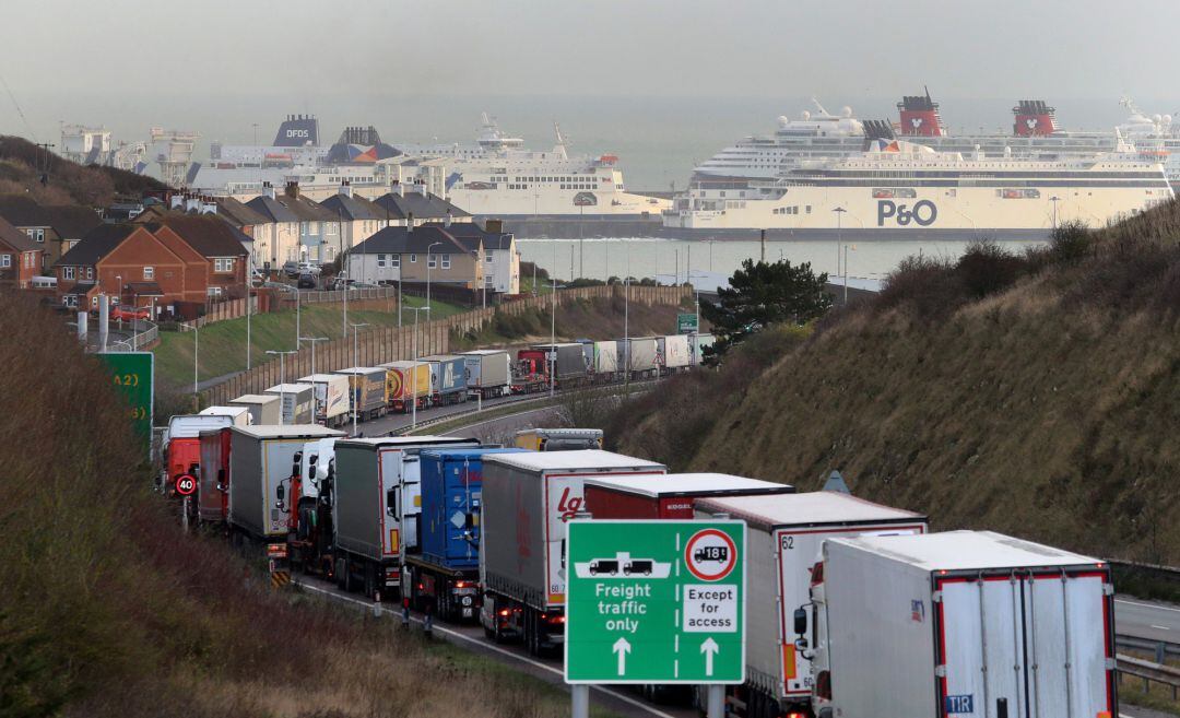 Lorries queue along the A20 in Kent for the Port of Dover 