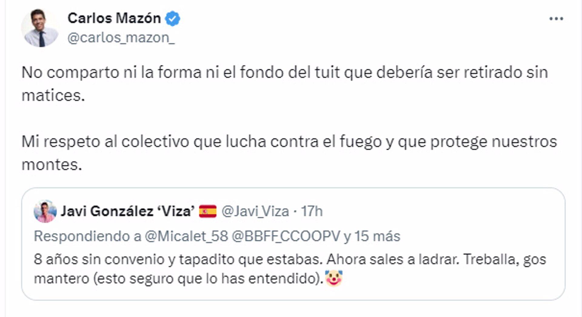 Mazón pide al asesor que retire el tuit con insultos hacia un portavoz de los Bomberos Forestales