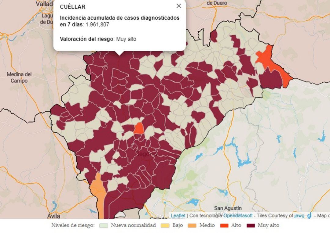Mapa de incidencia acumulada en 7 días en la provincia de Segovia