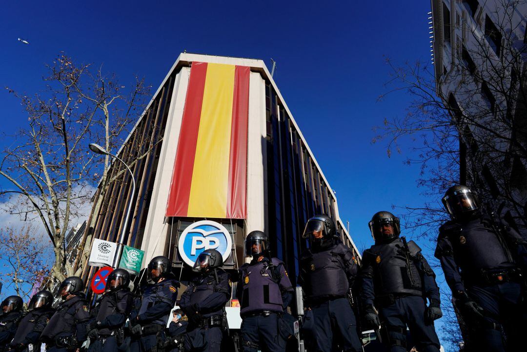 Sede del PP en la calle Génova donde se ha desarrollado parte de la protesta de los taxis. 