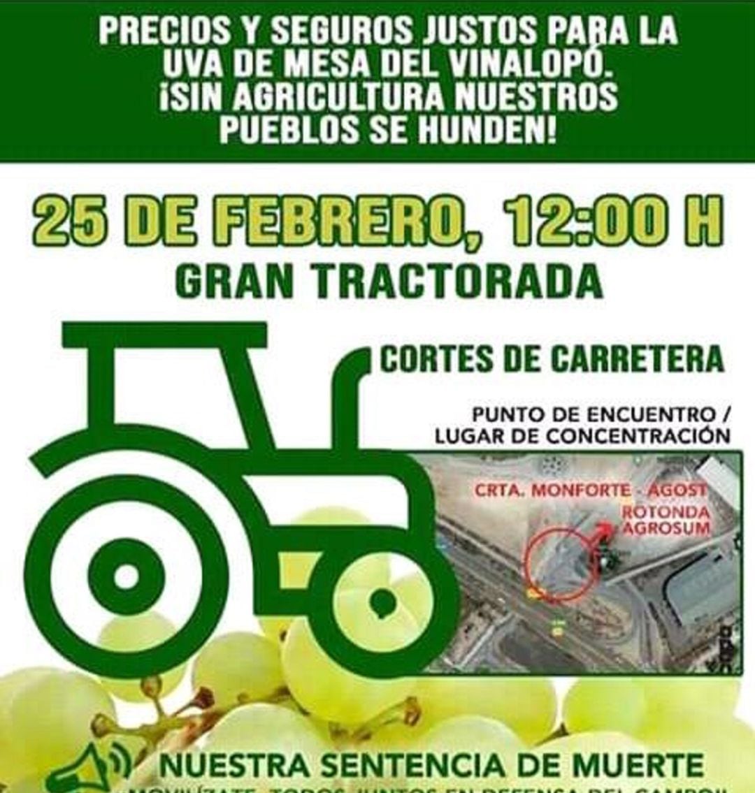 Cartel de la tractorada en Novelda