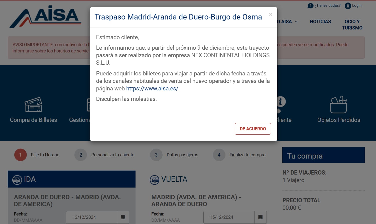 Aviso en la página web de AISA