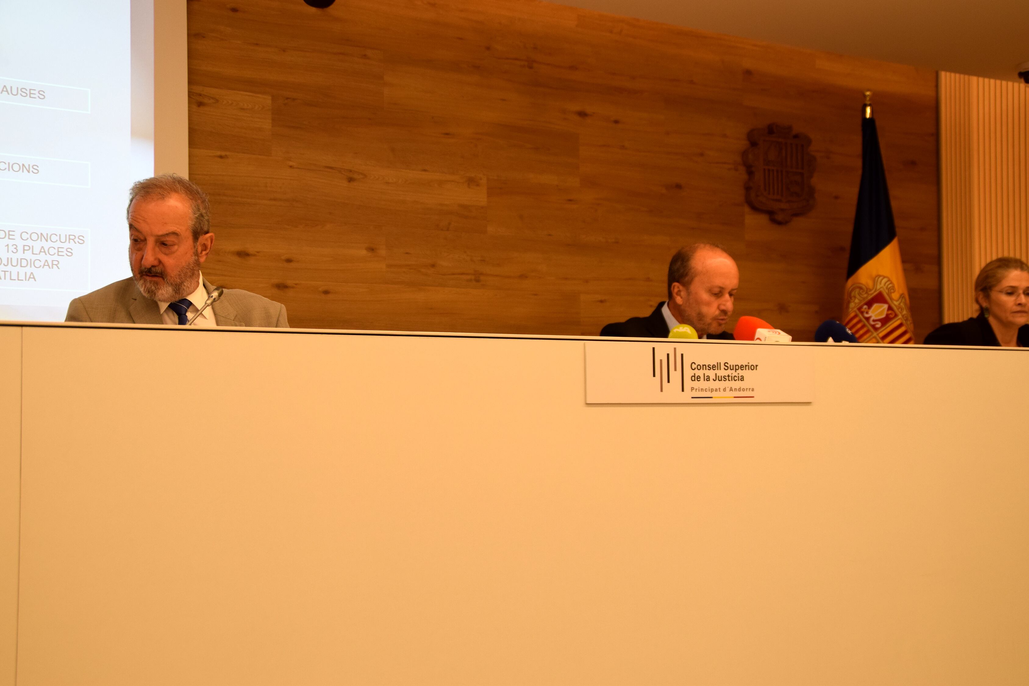 El Vicepresident del Consell Superior de la Justícia, Antoni Fiñana, i el president del Consell Superior de la Justícia, Josep Maria Rossell, durant la compareixença.