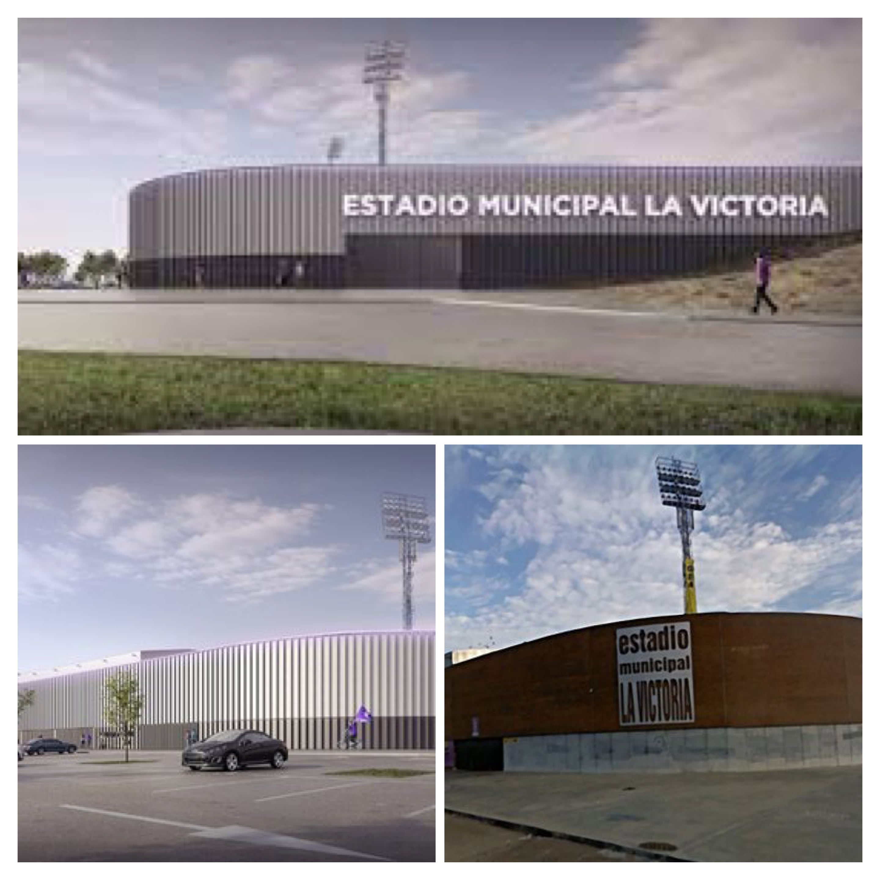 El nuevo revestimiento de la fachada y los aledaños al estadio y la fachada anterior antes de empezar a desprenderse. De esta manera quedará el exterior del estadio