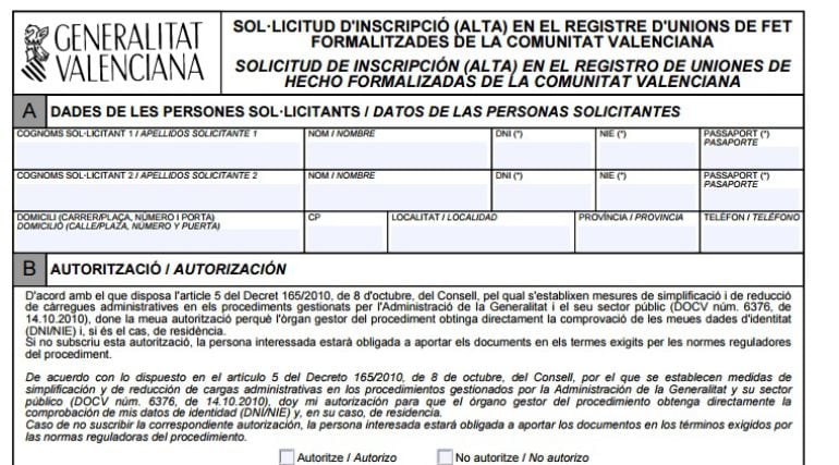 Solicitud de inscripción en el registro de uniones de hecho