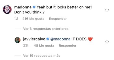 Captura de pantalla del comentario de Madonna en la publicación de Javi Ambrossi en Instagram.