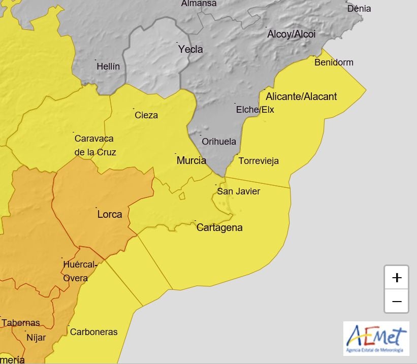 La AEMET ha actualizado su previsión y elevado el nivel de lluvias a naranja en el Valle del Guadalentín, Lorca y Águilas