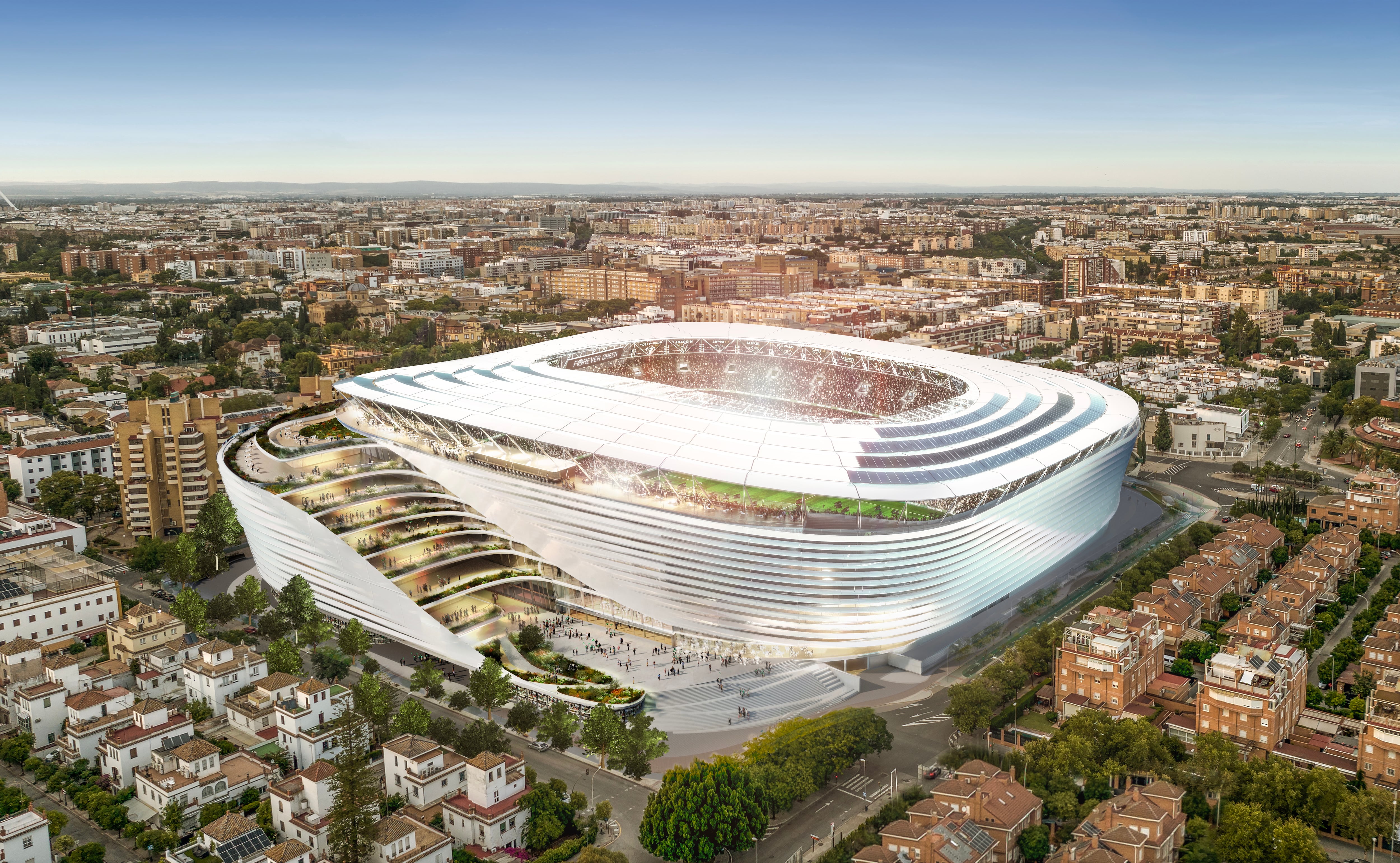 SEVILLA, 22/08/2023.- Imagen de como será el nuevo estadio del Betis proyecto que ha sido adjudicado al arquitecto cordobés Rafael de la Hoz y la empresa estadounidense Geslet y que ha sido presentado este martes ante los medios en el Ayuntamiento de Sevilla. EFE/Real Betis/SOLO USO EDITORIAL/SOLO DISPONIBLE PARA ILUSTRAR LA NOTICIA QUE ACOMPAÑA (CRÉDITO OBLIGATORIO)
