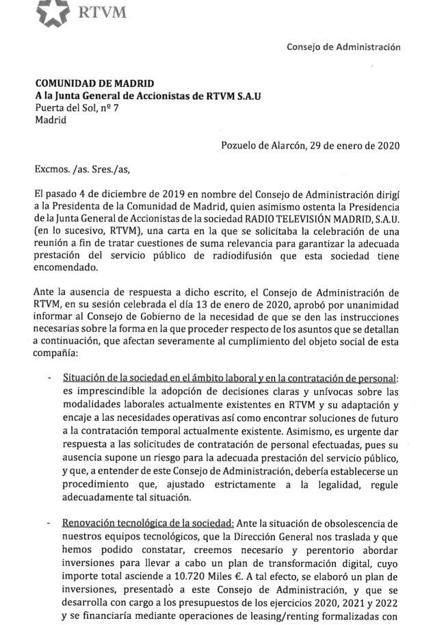 Carta remitida por el Consejo de Administración de RTVM al Consejo de Gobierno