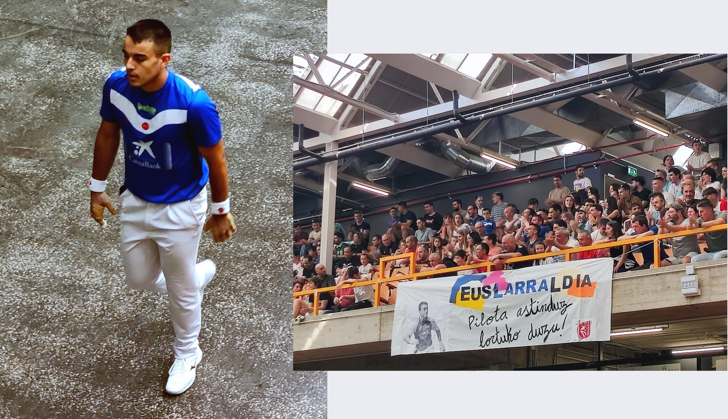 Larrazabal pensativo en la semifinal, y la hinchada amurriotarra en lasgradas