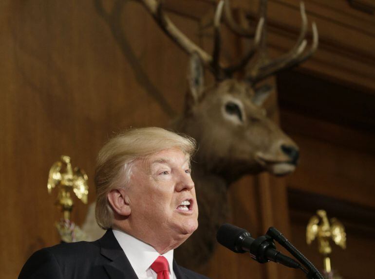 U.S. President Trump speaks prior to signing an executive order reviewing previous National Monument designations made under the Antiquities Act, at the Interior Department in Washington, U.S., April 26, 2017. REUTERS Kevin Lamarque