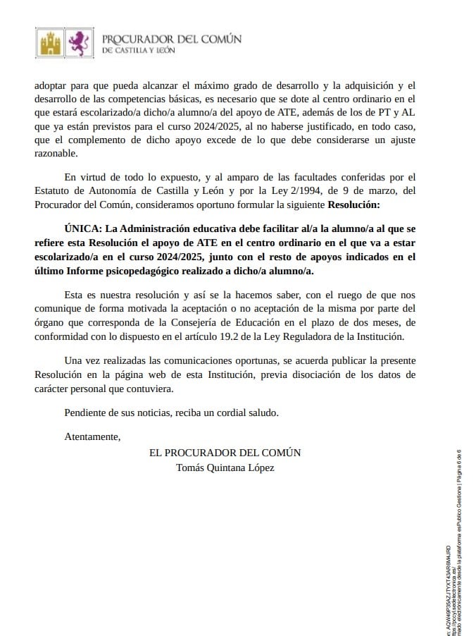 Resolución del Procurador del Común que da la razón a Laura Jódar