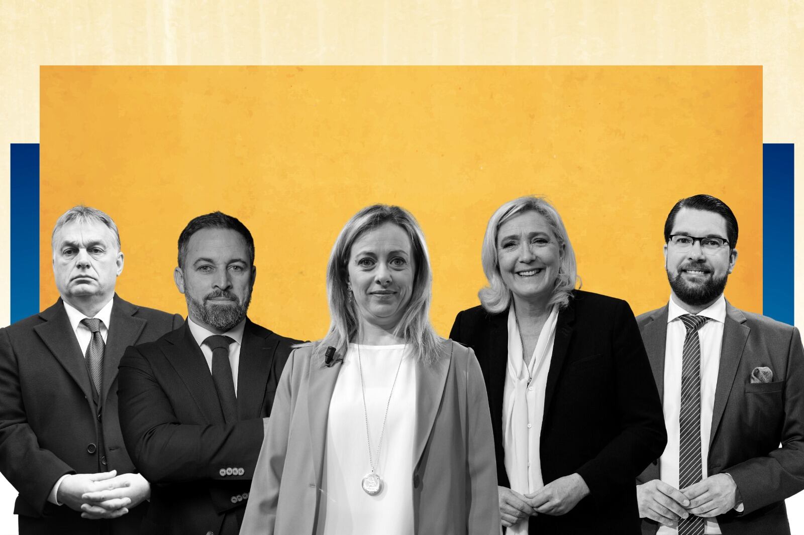 Viktor Orbán, Santiago Abascal, Giorgia Meloni, Marine Le Pen y Jimmie Akeson