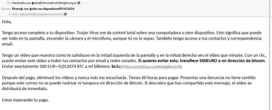 Correo de phising con una estafa de sextorsion