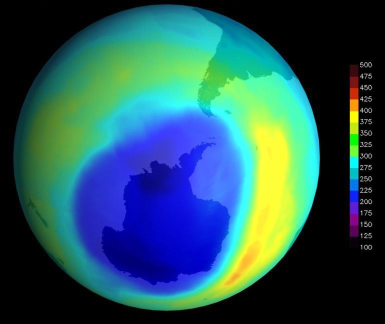 Imágen de la NASA que muestra la evolución del &quot;agujero&quot; en la capa de ozono. 