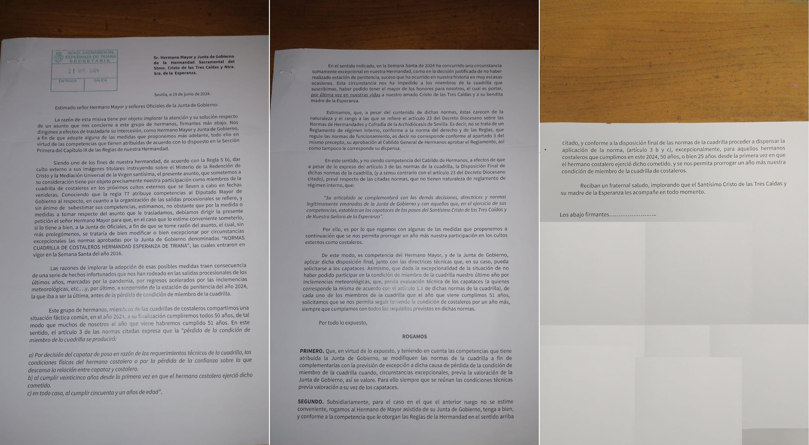 Primera carta remitida a la Esperanza de Triana por los hermanos costaleros que reclaman poder despedirse bajo las trabajaderas del paso de Cristo