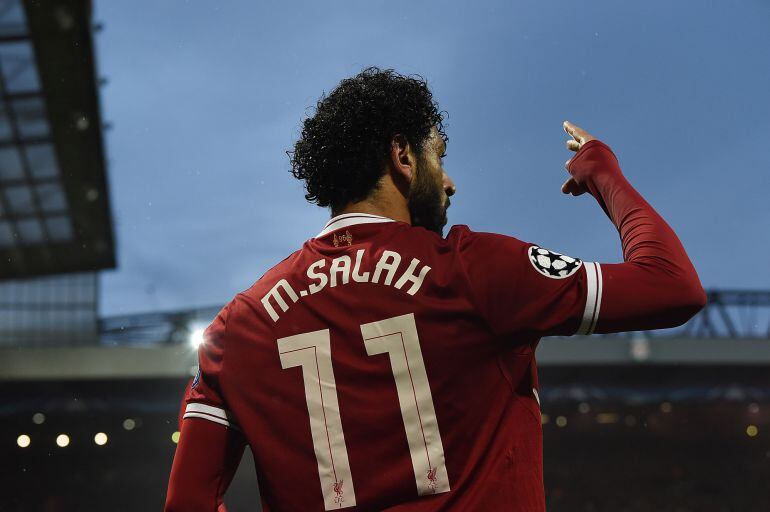 Salah celebra uno de sus goles contra la Roma 