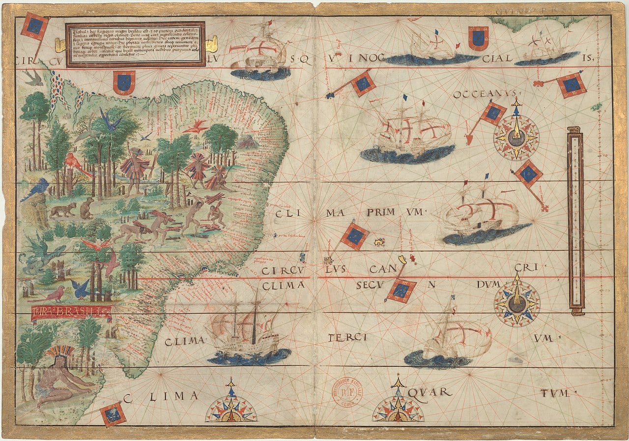 Mapa del Atlas Miller (1519) donde se observa la costa de Brasil y la desembocadura de los ríos Amazonas y De la Plata