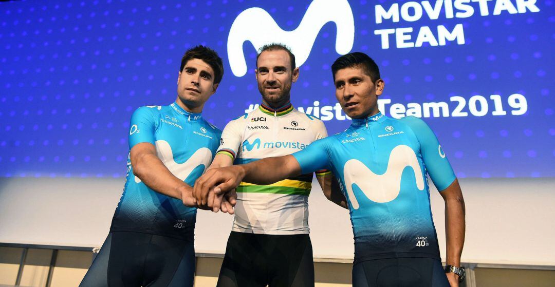 Mikel Landa, Alejandro Valverde y Nairo Quintana, los tres líderes del Movistar Team.