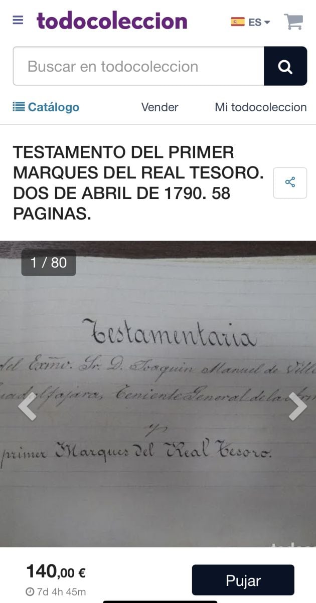 Uno de los documentos puestos a la venta en la web TodoColeccion