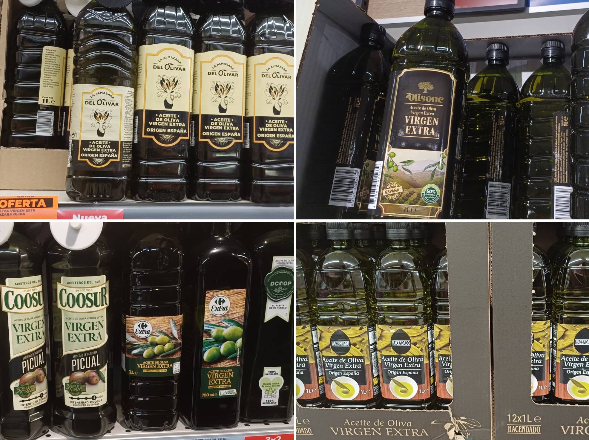 Aceite de oliva virgen extra en Mercadona, Carrefour, Lidl y Dia.