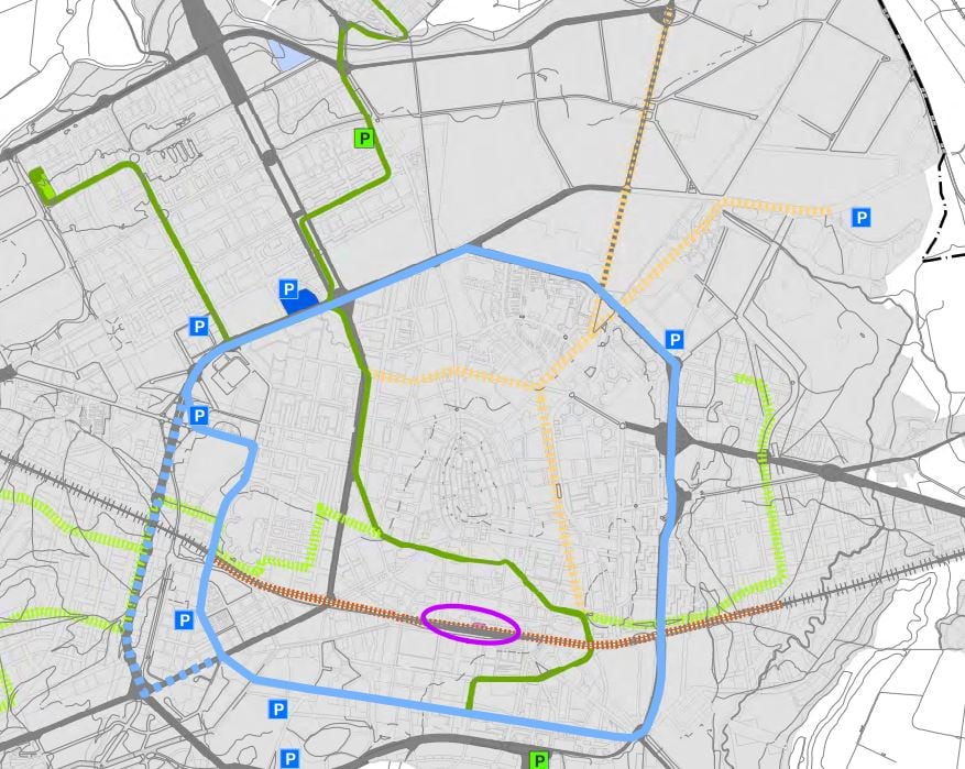 Propuesta del Ayuntamiento de Vitoria sobre transporte público en el Plan General: en amarillo las extensiones del tranvía