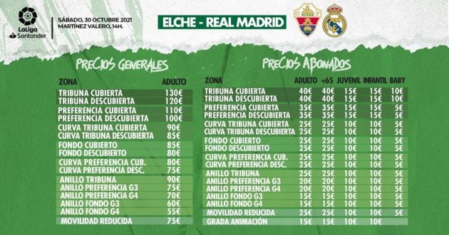 Los precios para el Elche-Real Madrid del 30 de octubre