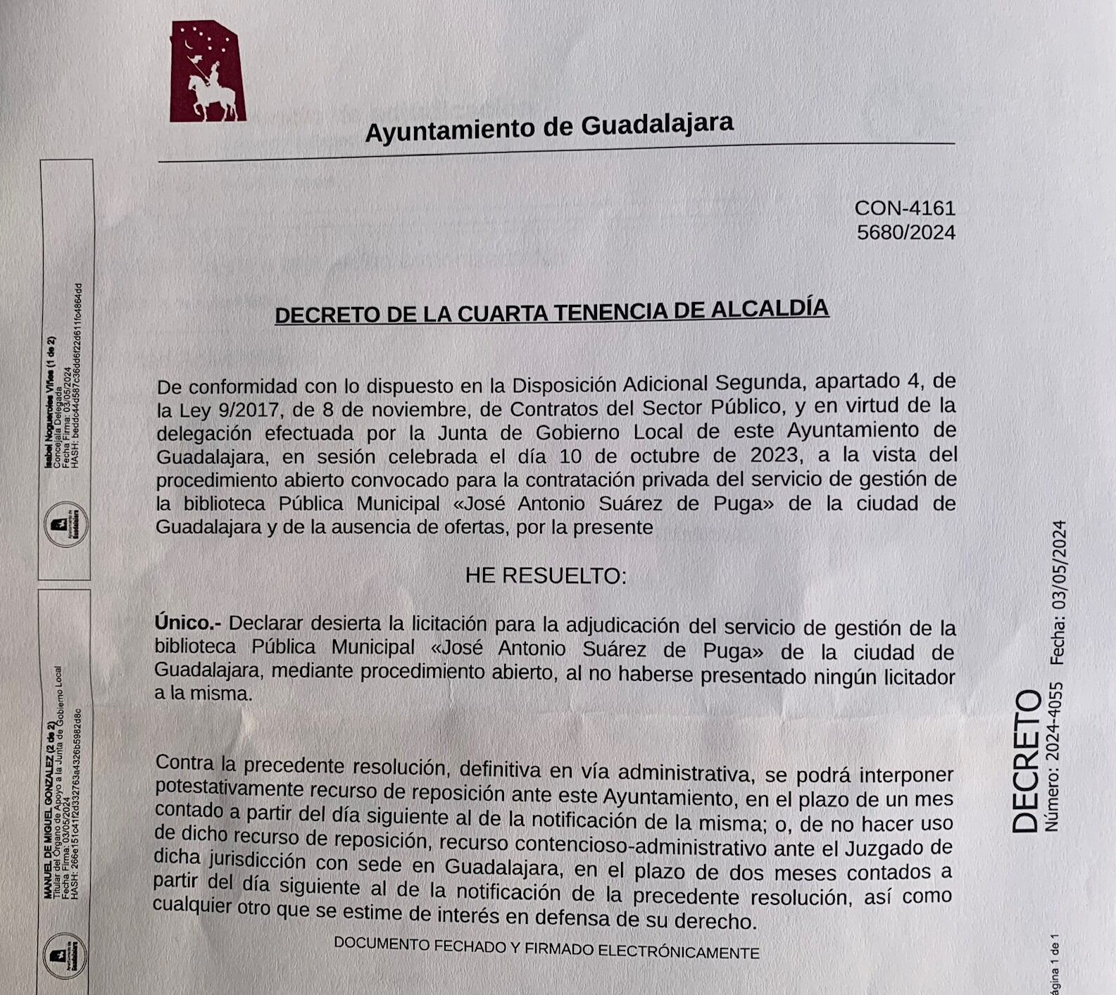 Decreto que declara desierta la licitación