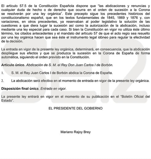 Anteproyecto de ley orgánica que hace efectiva la abdicación del rey.