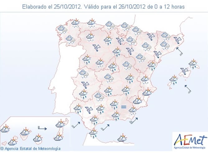 La Agencia Estatal de Meteorología (Aemet) prevé para hoy, viernes, precipitaciones localmente fuertes o persistentes en el sur de Andalucía, norte peninsular, Cantábrico y Baleares.