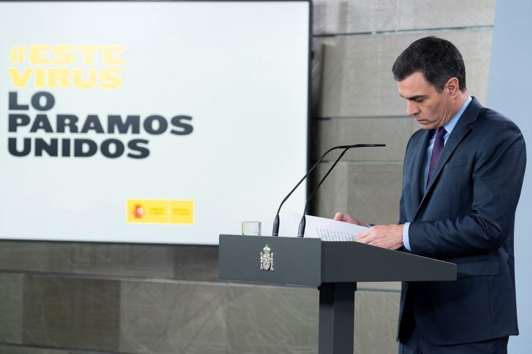 El presidente del Gobierno, Pedro Sánchez, durante su comparecencia ante la prensa de este sábado en Moncloa, en Madrid
