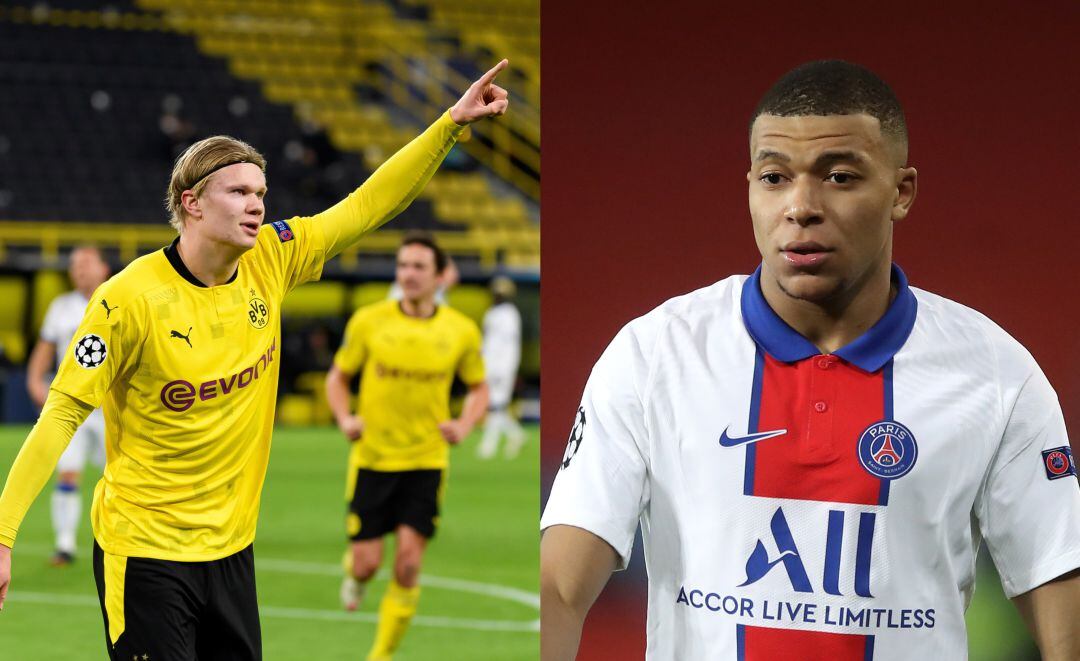 Haaland y Mbappé, durante partidos de la Champions League. 