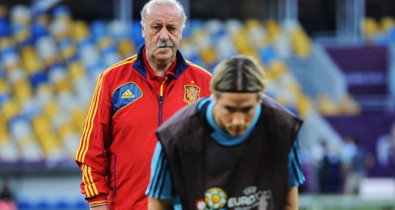 Del Bosque y Fernando Torres, en la Eurocopa 2012.