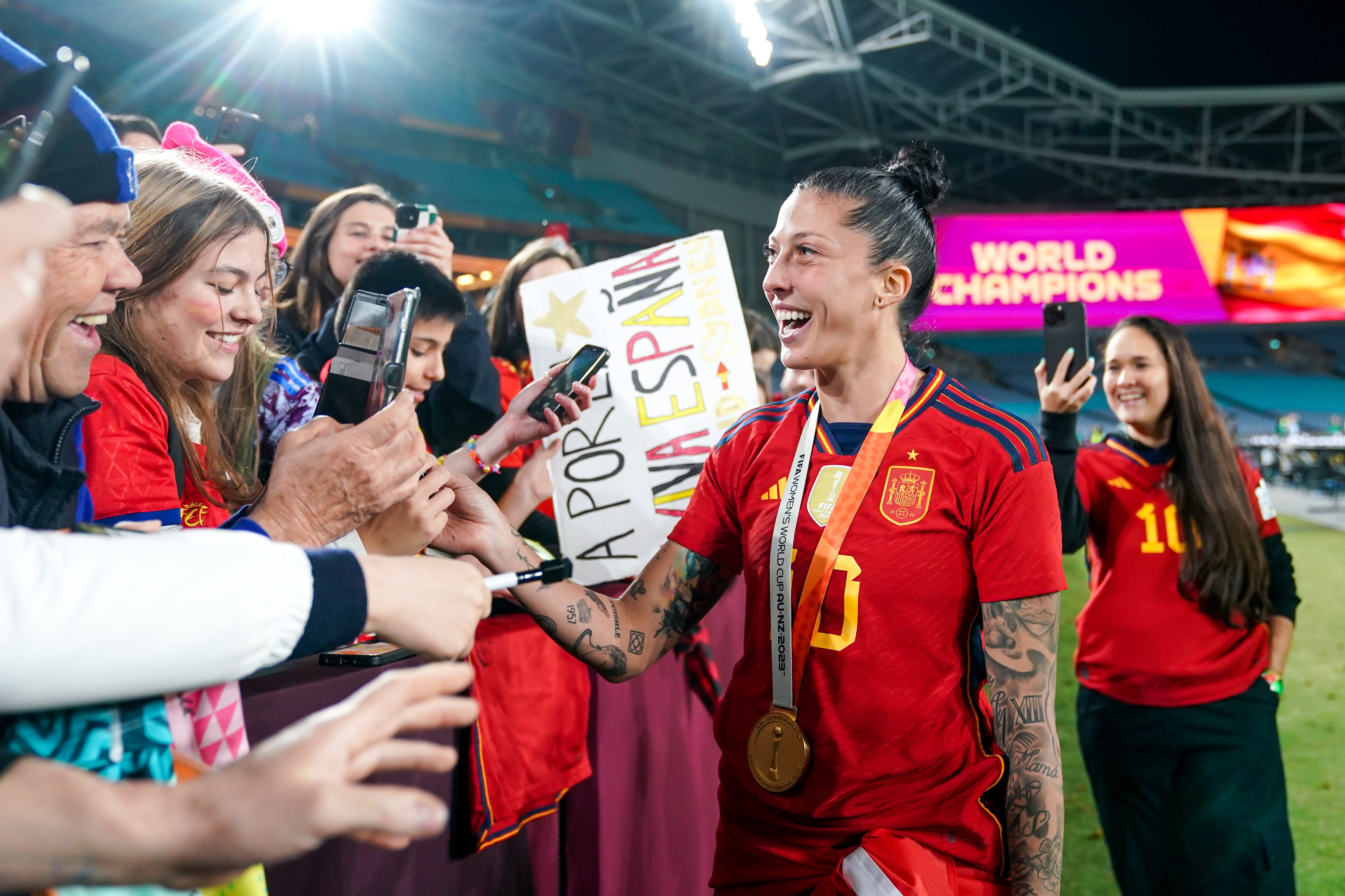 SYDNEY, AUSTRALIA - AUGUST 20: Jennifer Hermoso #10 of Spain with fans celebrating winning the Women&#039;s World Cup after the FIFA Women&#039;s World Cup Australia & New Zealand 2023 Final game between England and Spain at Stadium Australia on August 20, 2023 in Sydney, Australia. (Photo by Daniela Porcelli/ISI Photos/Getty Images)