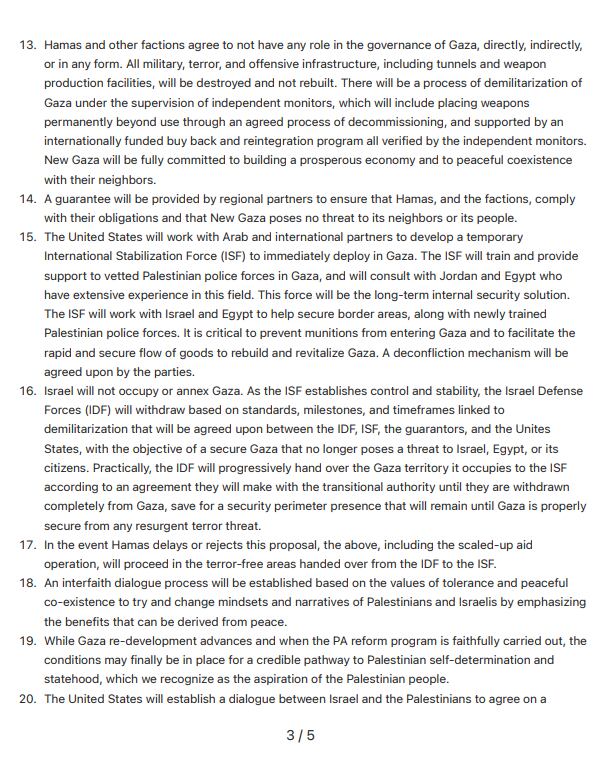 Capturas de pantalla del plan de 20 puntos de Trump para la Franja de Gaza que ha aceptado Netanyahu / The White House.