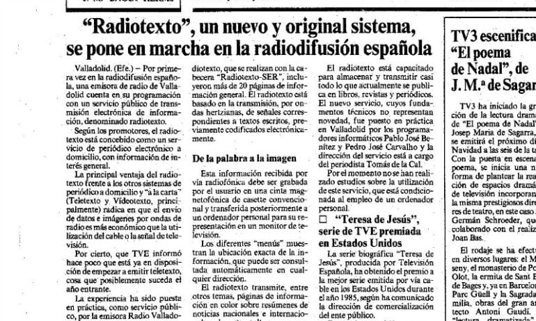 Recorte del periódico La Vanguardia del 10 de diciembre de 1985