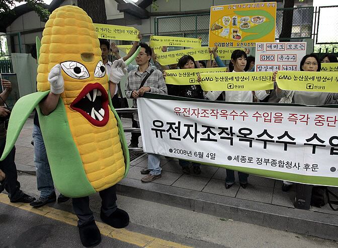 Detalle de una manifestación en Seúl contra la manipulación genética de alimentos.