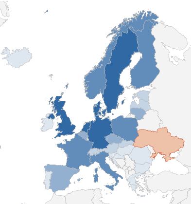 Ayudas a Ucrania por país europeo. Cuanto más oscura es la tonalidad de azul, mayor es la cantidad de dinero destinado a Ucrania.