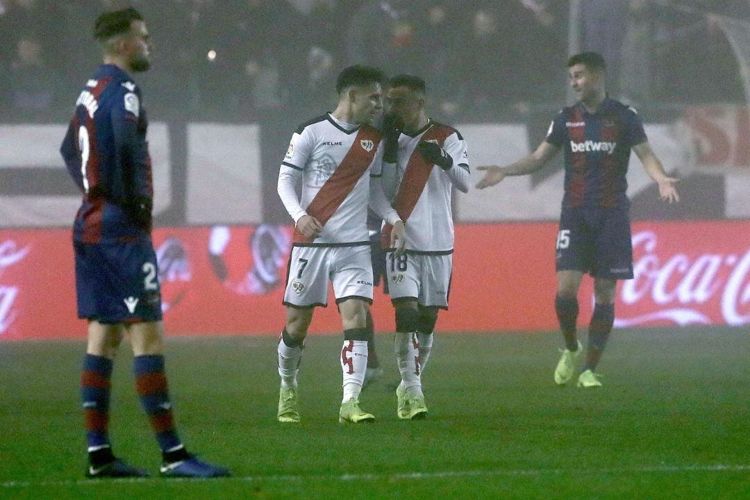 Rayo Vallecano&#039;s players Alex Moreno (2-L) and Alvaro Garcia (2-R) celebrate their 1-0 lead against UD Levante during their Spanish Liga Primera Division soccer match played at Estadio de Vallecas stadium in Madrid, Spain, 23 December 2018.