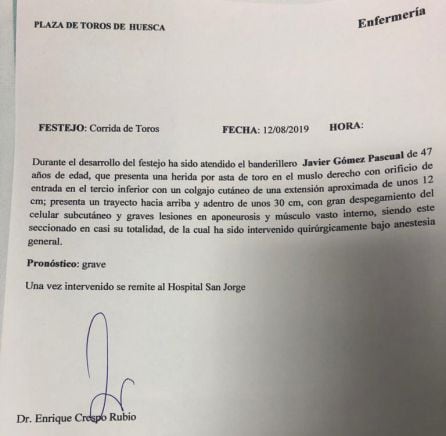 Parte médico firmado por Enrique Crespo