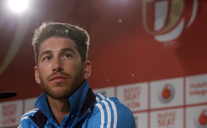 El defensa del Real Madrid Sergio Ramos durante una rueda de prensa